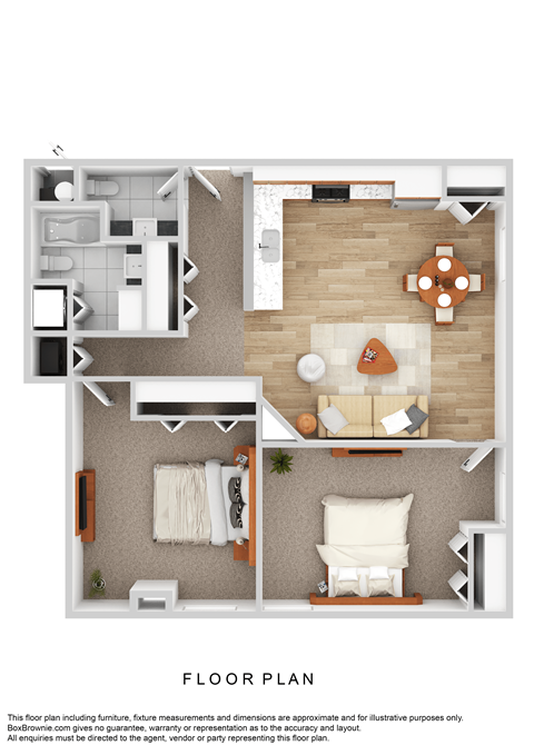 A floor plan of a small apartment with a living room, kitchen, and bedroom.